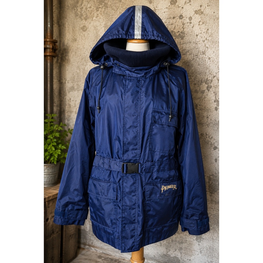 Vintage Pioneer Navy Waterproof Rain Jacket Hooded Marine Fishing Coat XL